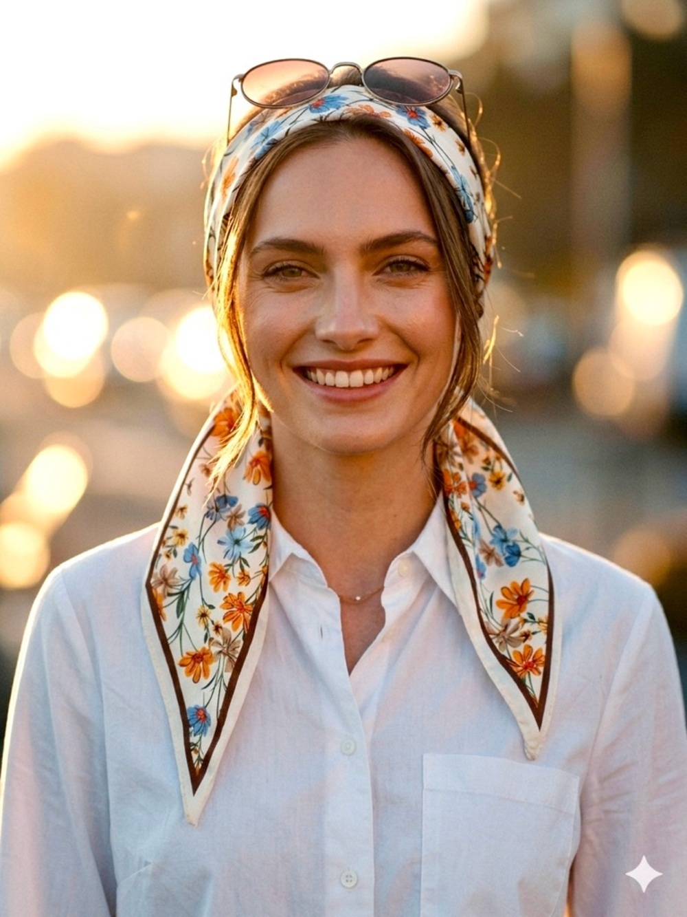 Floral Vine Silk-Feel Neck Scarf in Cream with Blue & Orange - Picture 3 of 6